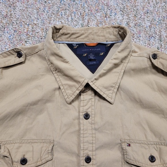 Tommy Hilfiger Shirt Mens 2XL Beige Corduroy Button Up Long Sleeve Safari Trim - Picture 2 of 15